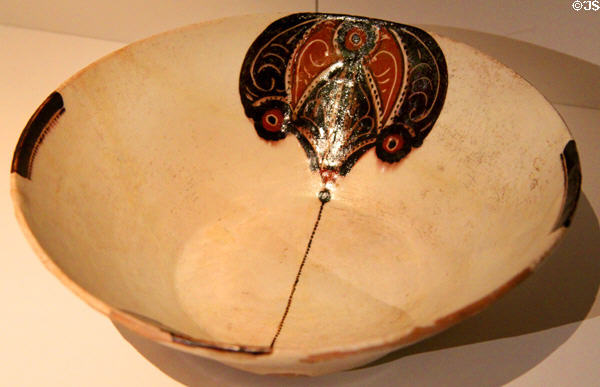 Earthenware bowl with underglaze slip-painting (10thC) from Neyshabur, Iran at Aga Khan Museum. Toronto, ON.