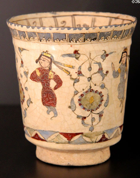 Fritware beaker with painting of dancing women (1200-19) from Iran at Aga Khan Museum. Toronto, ON.