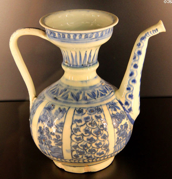 Fritware ewer with underglaze painting of plant (17thC) from Iran at Aga Khan Museum. Toronto, ON.