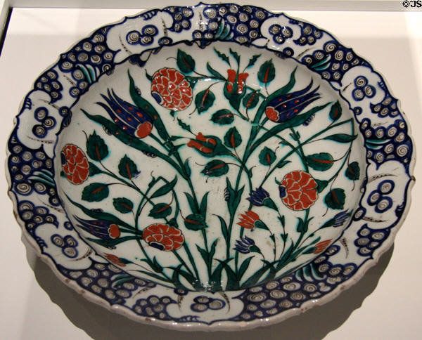 Fritware dish painted with flowers (1560-70) from Iznik, Turkey at Aga Khan Museum. Toronto, ON.