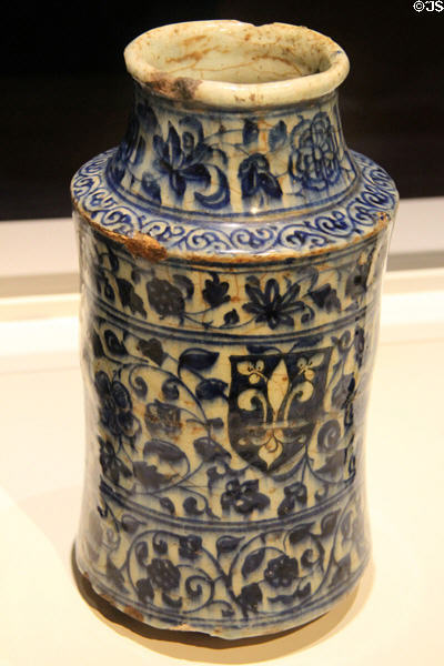 Fritware pharmacy jar painted with European armorial shields (15thC) from Syria at Aga Khan Museum. Toronto, ON.