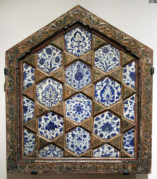 Fritware tiles (15thC) from Syria mounted in French wooden frame (19thC) at Aga Khan Museum. Toronto, ON.