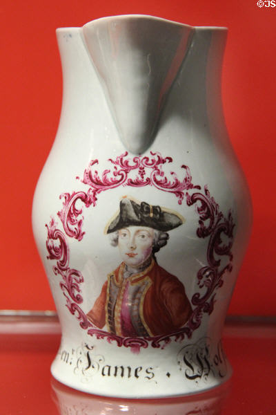 Porcelain beer jug with General James Wolfe portrait (c1760) by Richard Chaffers & Co of Liverpool, England at Gardiner Museum. Toronto, ON.