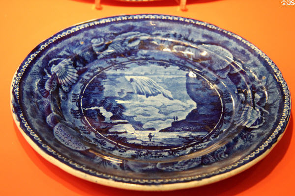 Earthenware transfer plate with Montmorency Falls (c1830-40) by Enoch Wood & Sons of Burslem, England at Gardiner Museum. Toronto, ON.