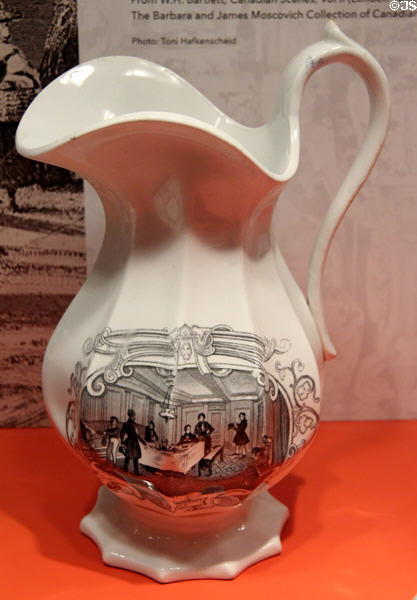 Earthenware transfer Ewer with Gentleman's Cabin on a Steamship (1841-51) by J & T Edwards of Burslem, England at Gardiner Museum. Toronto, ON.