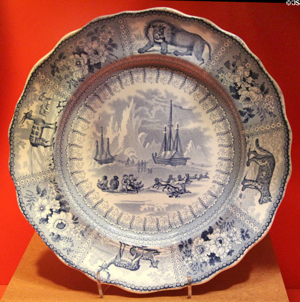 Earthenware transfer plate with William Parry's ships Hecla & Griper in Melville Sound against Arctic scenery (c1840) by unknown at Gardiner Museum. Toronto, ON.