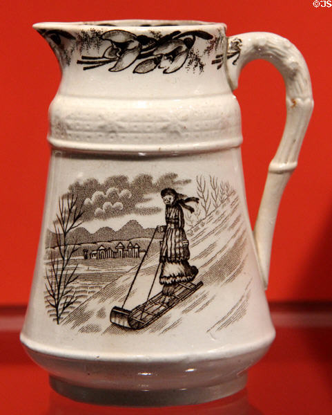 Earthenware transfer jug with tobogganing scene (1880s) by Bo'ness Pottery of Fife, Scotland at Gardiner Museum. Toronto, ON.