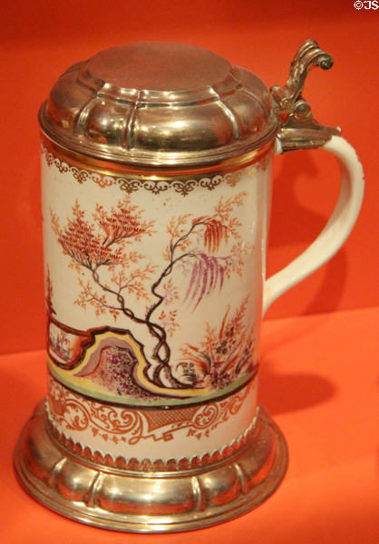 Porcelain tankard (c1725) perhaps by Du Paquier of Vienna, Austria at Gardiner Museum. Toronto, ON.