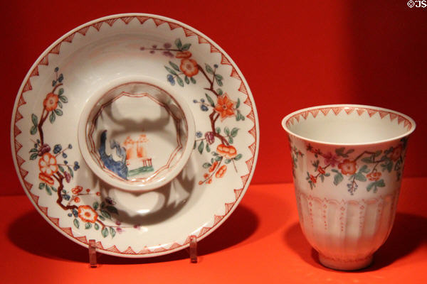 Porcelain chocolate cup & trembleuse saucer (c1720) by Du Paquier of Vienna, Austria at Gardiner Museum. Toronto, ON.