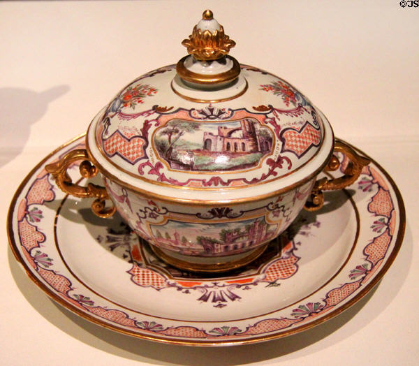 Porcelain ecuelle & stand (c1735) by Du Paquier of Vienna, Austria at Gardiner Museum. Toronto, ON.