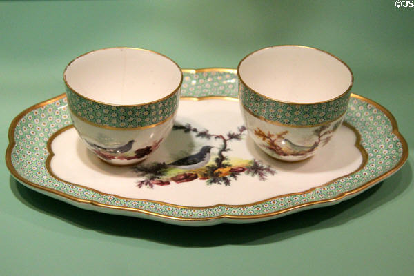 Sèvres porcelain bird design jam pots & tray (1786) by Michel Josse Le Riche fils at Gardiner Museum. Toronto, ON.
