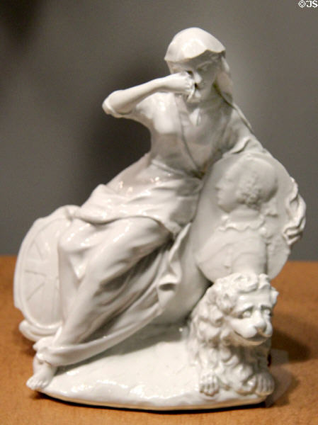Britannia Mourning Death of Frederick Prince of Wales porcelain figure (1751) by Charles Gouyn of St. James Porcelain of London at Gardiner Museum. Toronto, ON.
