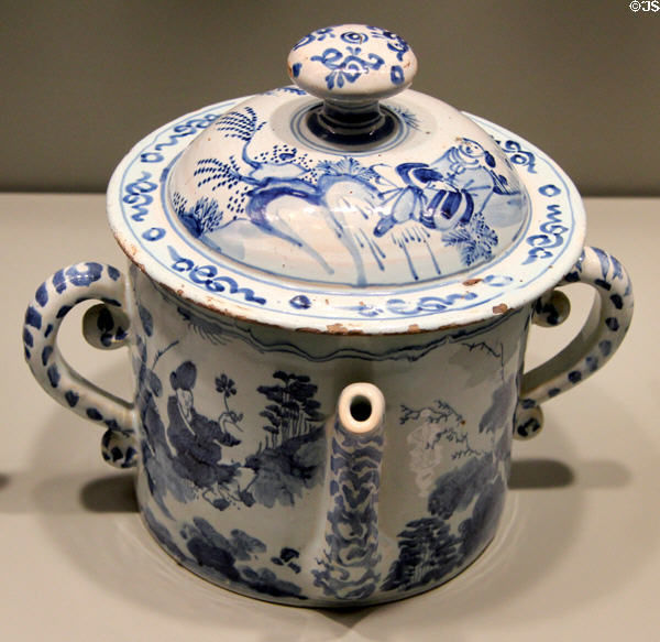Covered posset pot with Chinese figures on English delftware (c early 1700s) at Gardiner Museum. Toronto, ON.