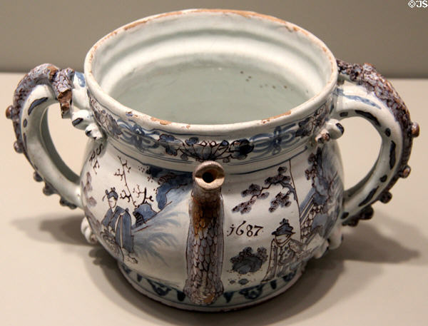 Posset pot with Chinese figures on English delftware (1687) from Bristol or Brislington at Gardiner Museum. Toronto, ON.