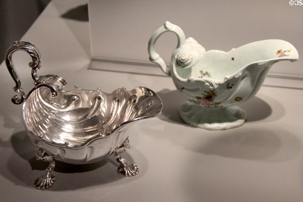 Shell-shaped sauce boats in silver (1740) from London & porcelain (1755-8) from London at Gardiner Museum. Toronto, ON.