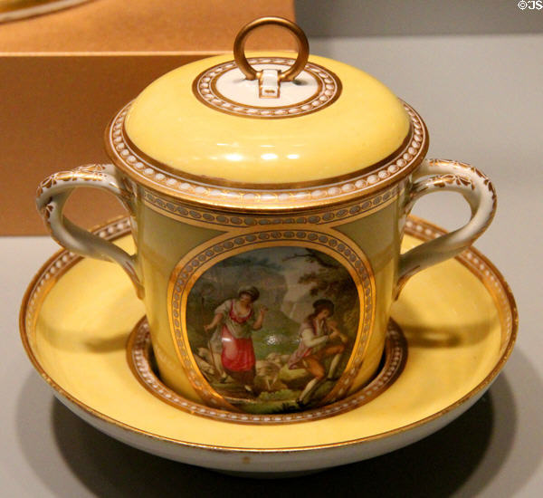 Porcelain chocolate cup & saucer (c1790-95) by James Banford for Derby at Gardiner Museum. Toronto, ON.