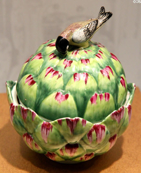 Fritware artichoke tureen with bird handle (c1755) by Chelsea of London at Gardiner Museum. Toronto, ON.
