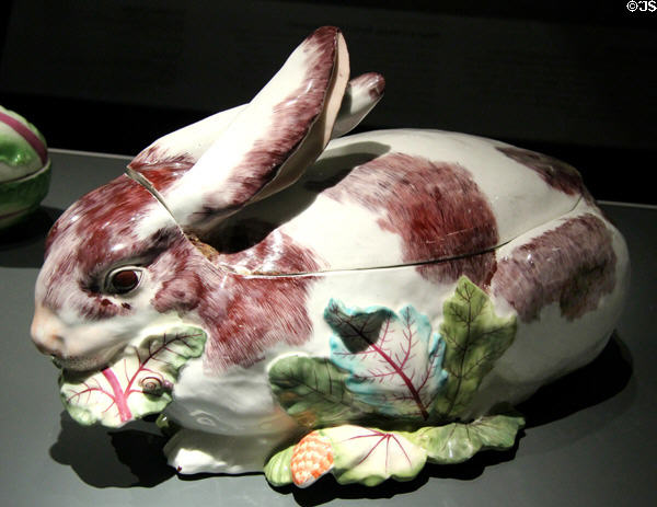 Fritware rabbit tureen (c1755-6) by Chelsea of London at Gardiner Museum. Toronto, ON.