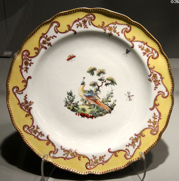 Porcelain dessert plate with bird (c1760-5) by Chelsea of London at Gardiner Museum. Toronto, ON.