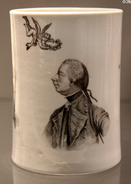 Steatitic (soapstone) mug with image of General James Wolfe (c1760-5) by Worcester of England at Gardiner Museum. Toronto, ON.