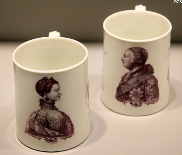 Steatitic (soapstone) mugs with image of King George III & Queen Charlotte (c1761) by Worcester of England at Gardiner Museum. Toronto, ON.