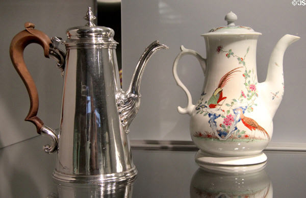 Coffee pots in silver (1737) by Gabriel Sleath of London & steatitic (soapstone) (1753-4) by Worcester of England at Gardiner Museum. Toronto, ON.