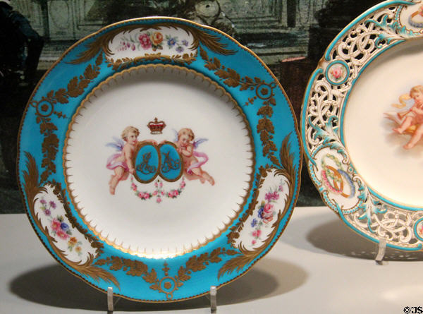 Bone china plate in style of Sèvres (c1862) by Minton of Stoke-on-Trent, England at Gardiner Museum. Toronto, ON.