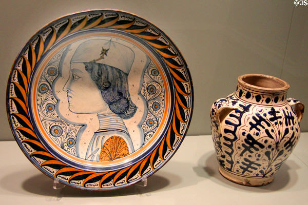 Majolica dish with portrait of young man (1470-90) from Deruta, Italy & drug jar (c1420-50) from Florence at Gardiner Museum. Toronto, ON.