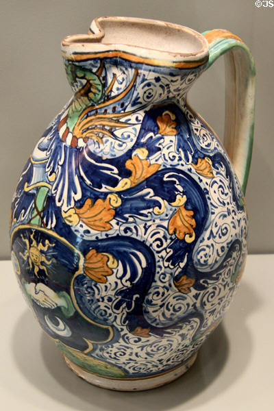 Majolica (wedding?) jug (1st quarter 16th C) from Cafaggiolo or Montelupo, Italy at Gardiner Museum. Toronto, ON.