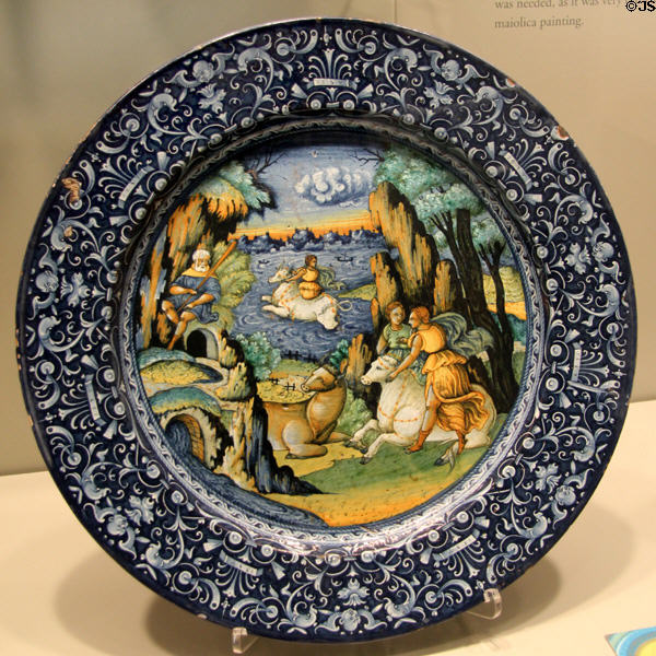 Majolica dish with scene rape of Europa (1537) from Faenza, Italy at Gardiner Museum. Toronto, ON.