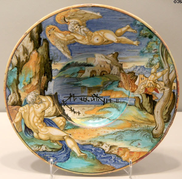 Majolica dish with story of Icarus (c1530) from Urbino or Gubbio, Italy at Gardiner Museum. Toronto, ON.