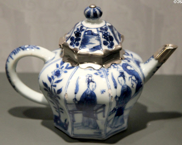 Chinese porcelain teapot (c1685-1700 - Qing dynasty) from Jingdezhen, China with silver mounts from Amsterdam at Gardiner Museum. Toronto, ON.