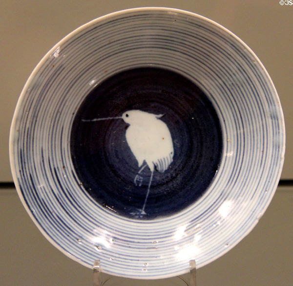 Porcelain plate with standing egret design (c1640-60) by from Arita, Japan at Gardiner Museum. Toronto, ON.