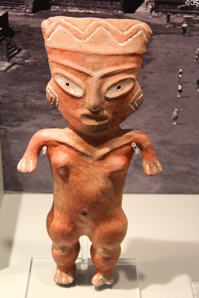 Earthenware standing female figure (1100-800 BCE) from Morelos or Tlatilco, Mexico at Gardiner Museum. Toronto, ON.