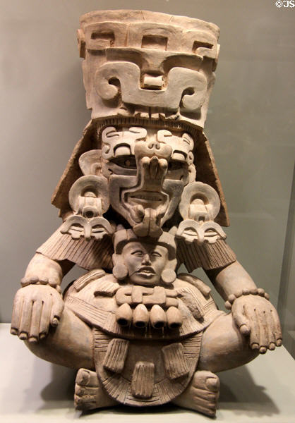 Zapotec-culture earthenware effigy funerary urn (500-700) from Oaxaca Valley, Mexico at Gardiner Museum. Toronto, ON.