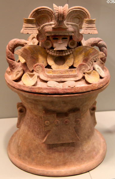 Teotihuacan earthenware incense burner with warrior lid (450-650) from central Mexico at Gardiner Museum. Toronto, ON.