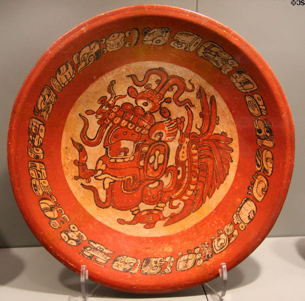 Maya Late Classic earthenware plate with hieroglyphic text (550-600) from Uaxactun, Guatemala at Gardiner Museum. Toronto, ON.