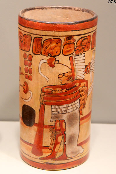 Maya Late Classic earthenware cylinder vessel painted with ballgame scene (650-750) from Petén lowlands, Guatemala at Gardiner Museum. Toronto, ON.
