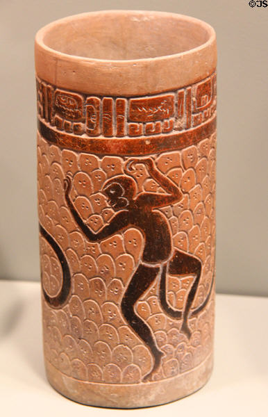 Maya Late Classic earthenware cylinder vessel with spider monkeys (650-750) from Belize or Petén lowlands, Guatemala at Gardiner Museum. Toronto, ON.