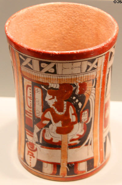 Maya Late Classic earthenware cylinder vessel with palace scene (650-750) from Petén lowlands, Guatemala at Gardiner Museum. Toronto, ON.