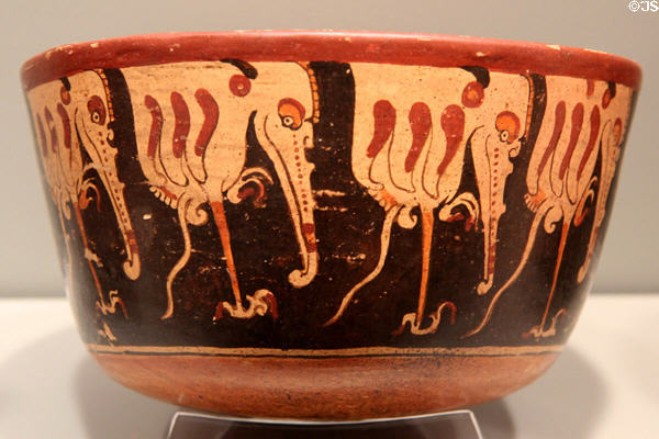 Maya Late Classic earthenware bowl painted with cormorants (700-800) from Ulua-Yojoa region, Honduras at Gardiner Museum. Toronto, ON.