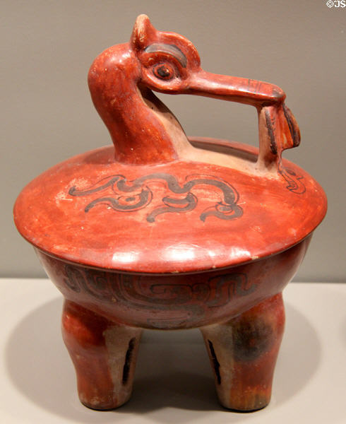 Maya Early Classic earthenware water bird effigy lidded tripod vessel (400-500) from Guatemala or Mexico at Gardiner Museum. Toronto, ON.