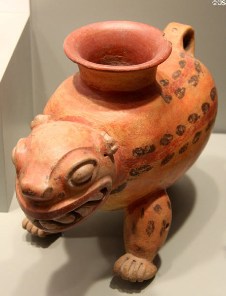 Costa Rica earthenware jaguar effigy tripod vessel (200-500) from Guanacaste-Nicoya zone at Gardiner Museum. Toronto, ON.