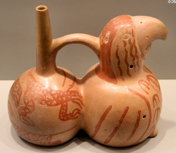 Chavin culture earthenware parrot bottle with double chamber (500-300 BCE) from Salinar peoples, North Coast Peru at Gardiner Museum. Toronto, ON.