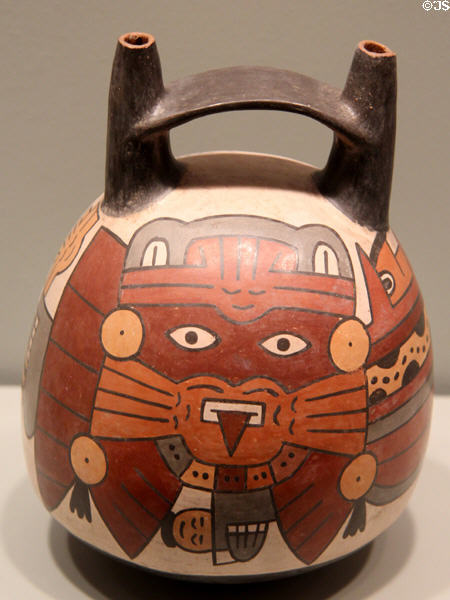 Nazca culture earthenware vessel with mythical warrior motif (100-300) from South Coast Peru at Gardiner Museum. Toronto, ON.
