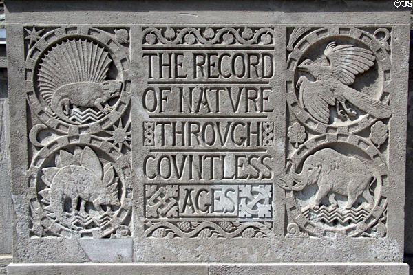 Carved stone sign show featured animals (1933) on Royal Ontario Museum. Toronto, ON.