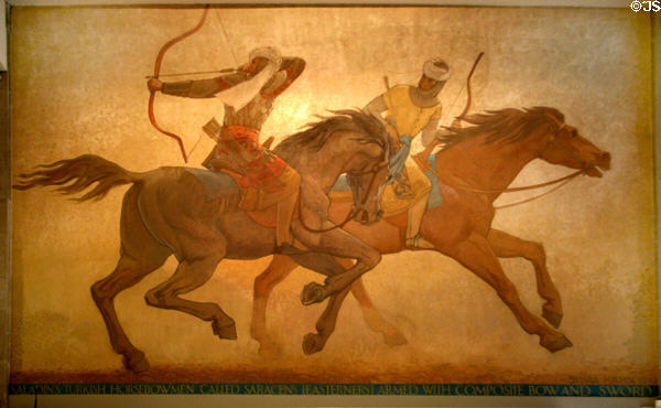 Saladin's Turkish Horsebowmen on horseback mural (1942) by Sylvia Hahn at Royal Ontario Museum. Toronto, ON.