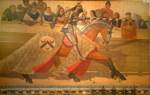 Jousting tournament knights on horseback mural (1942) by Sylvia Hahn at Royal Ontario Museum. Toronto, ON.