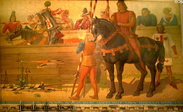 Jousting knights with blunt lances on horseback mural (1942) by Sylvia Hahn at Royal Ontario Museum. Toronto, ON.