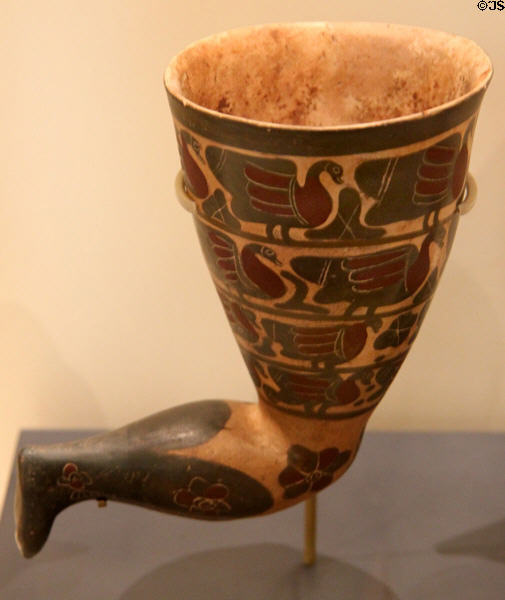 Etruscan-Corinthian earthenware vase (rhyton?) in shape of human leg painted with friezes of birds (c580 BCE) at Royal Ontario Museum. Toronto, ON.